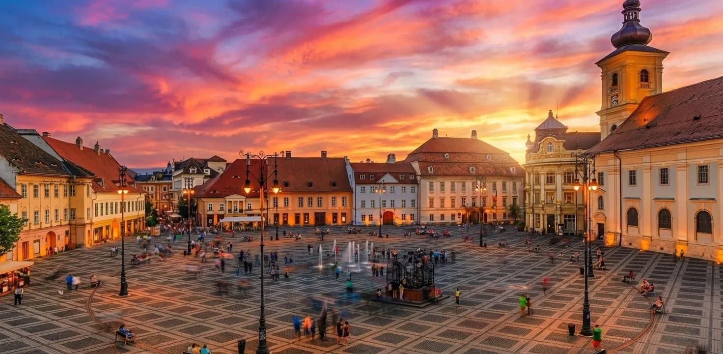Sibiu city center at sunset
